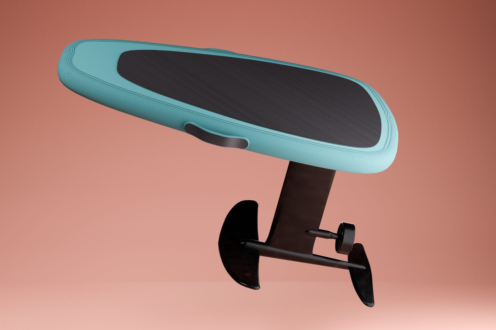 AquaWave e-foil board, teal deck with black hydrofoil mast and propeller