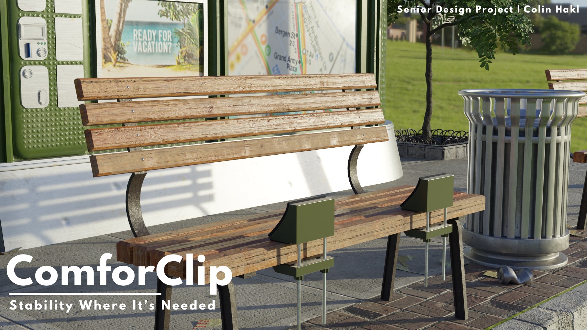 ComforClip installed on a wood park bench at a city bus stop