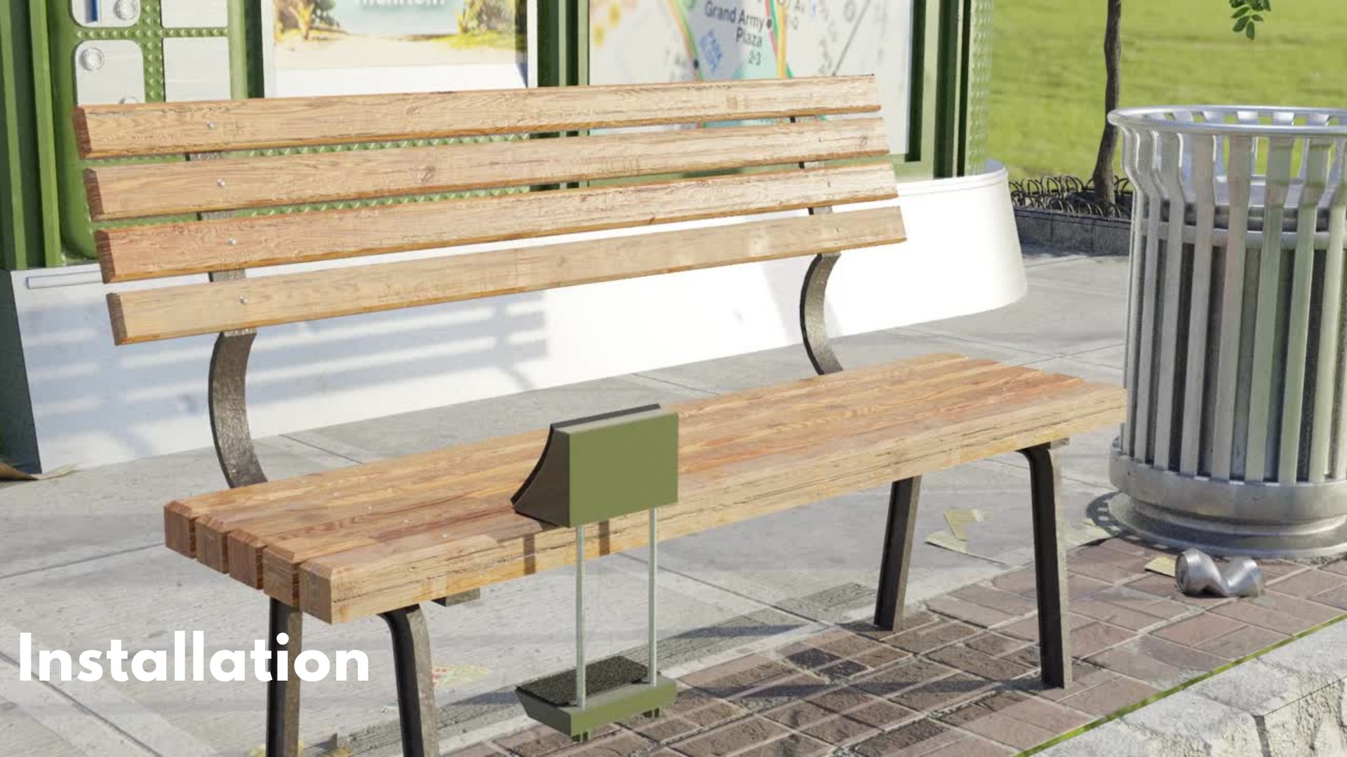ComforClip rendered installed on a wood park bench at a city bus stop
