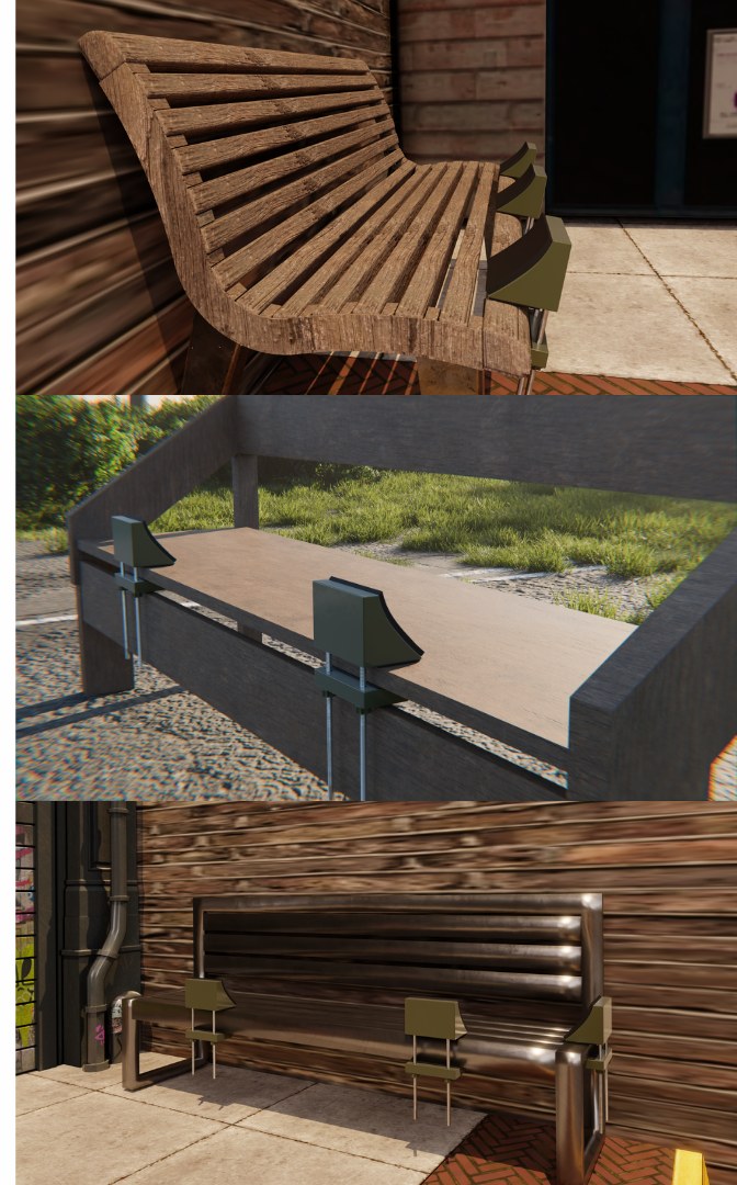 ComforClip rendered on a slatted wood bench, a concrete ledge, and a dark wood bench