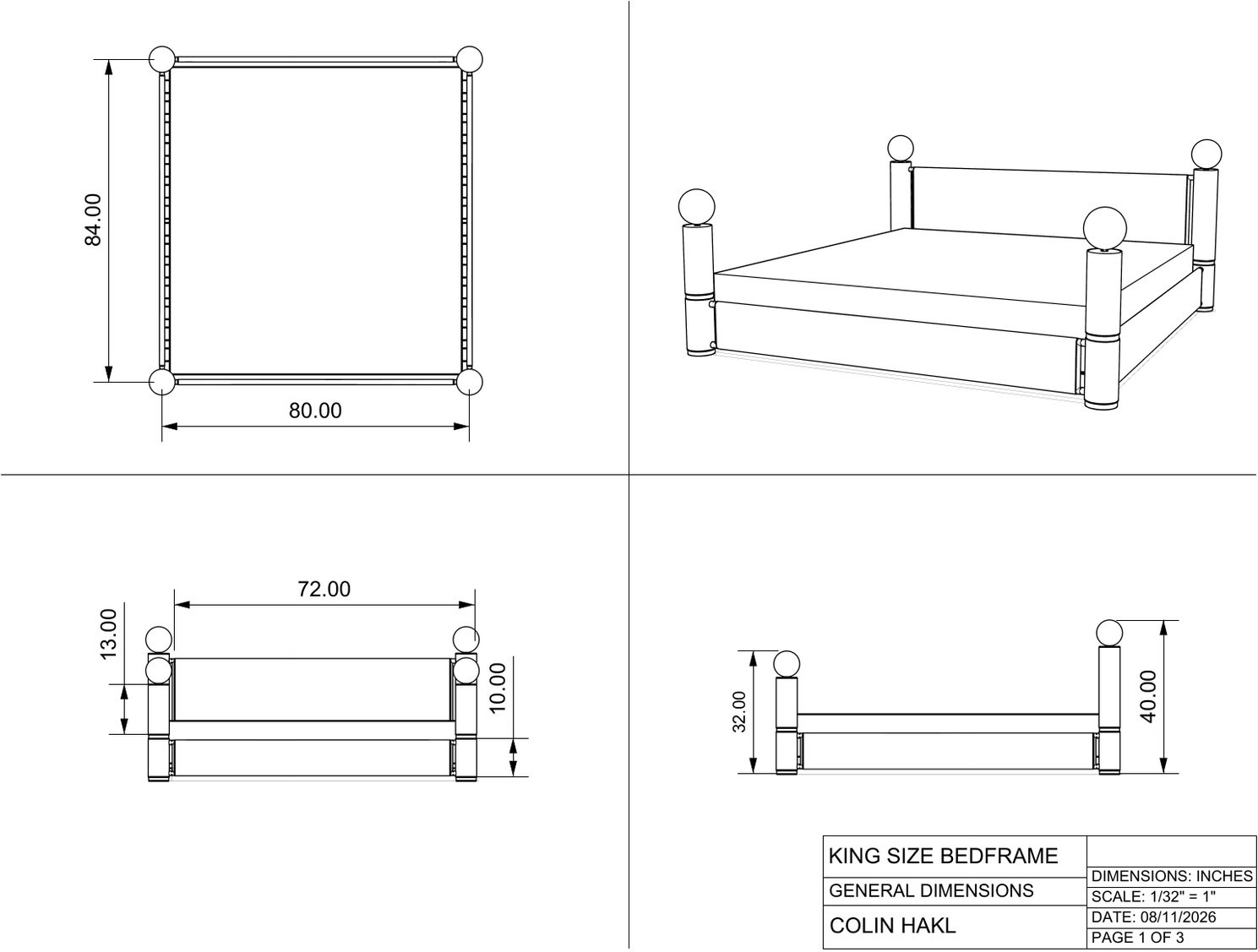 Dimensioned orthographic drawing sheet of the king size bedframe