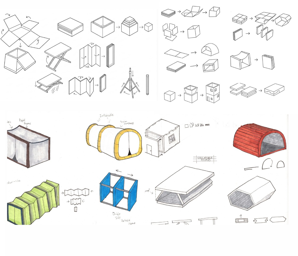 Early sketches exploring folding, modular, and collapsible shelter forms