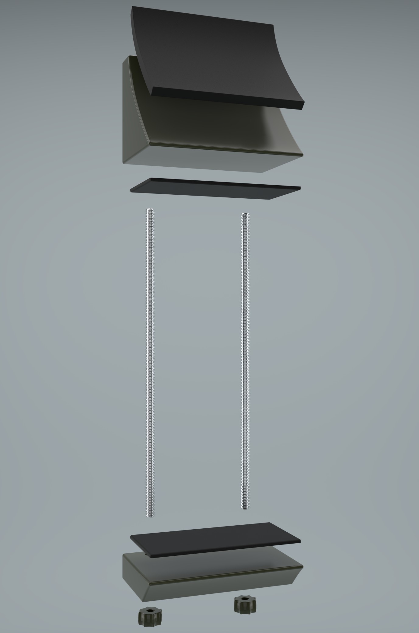Full exploded view render of ComforClip showing all material layers and hardware