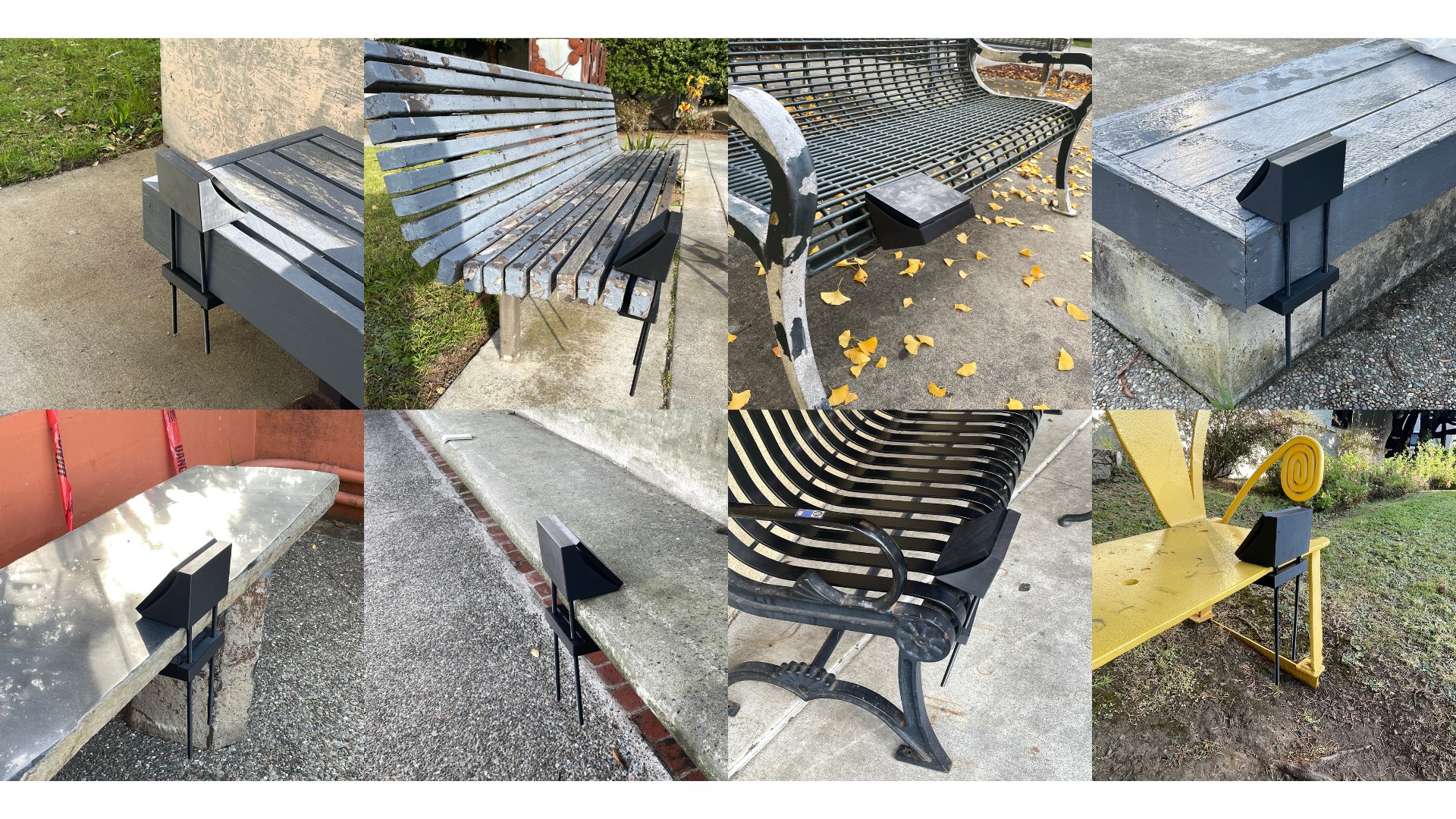 Grid of eight photos showing ComforClip installed on different real public benches