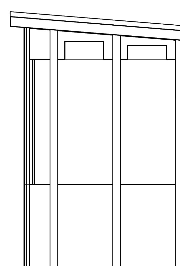 Line drawing of the roof and wall framing detail