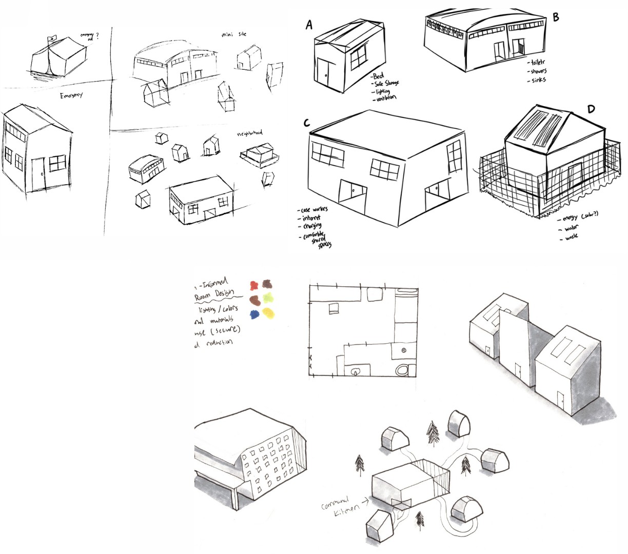 Refined shelter form sketches, floor plan, and site layout studies