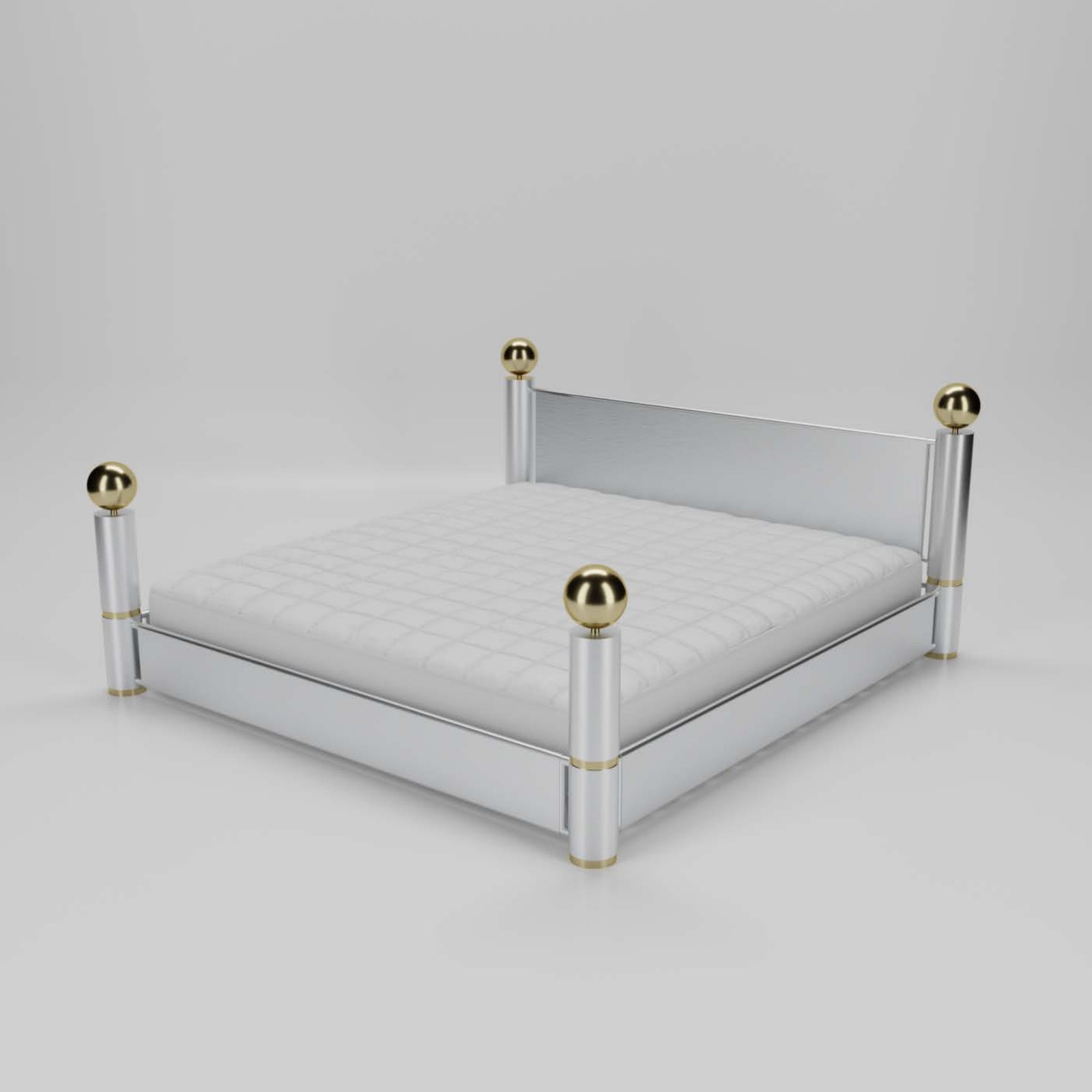 Final render of the king size bedframe with brass hardware accents and mattress