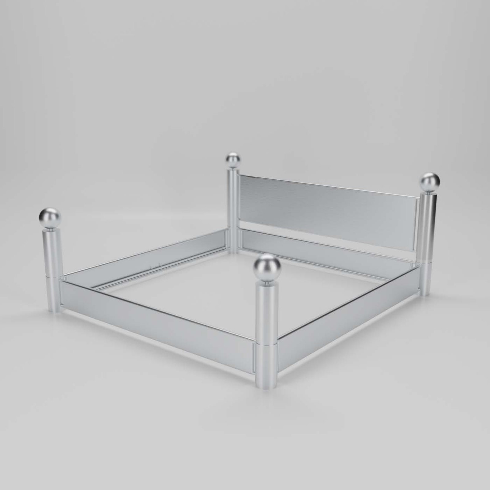 Bare aluminum frame render, no slats or mattress