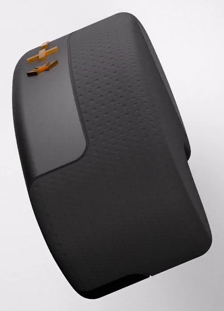 Rendered end view of Sound+ showing the button module and material split