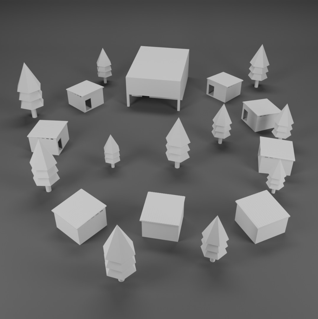 Rendered village layout of multiple NOOK shelter units arranged around shared space