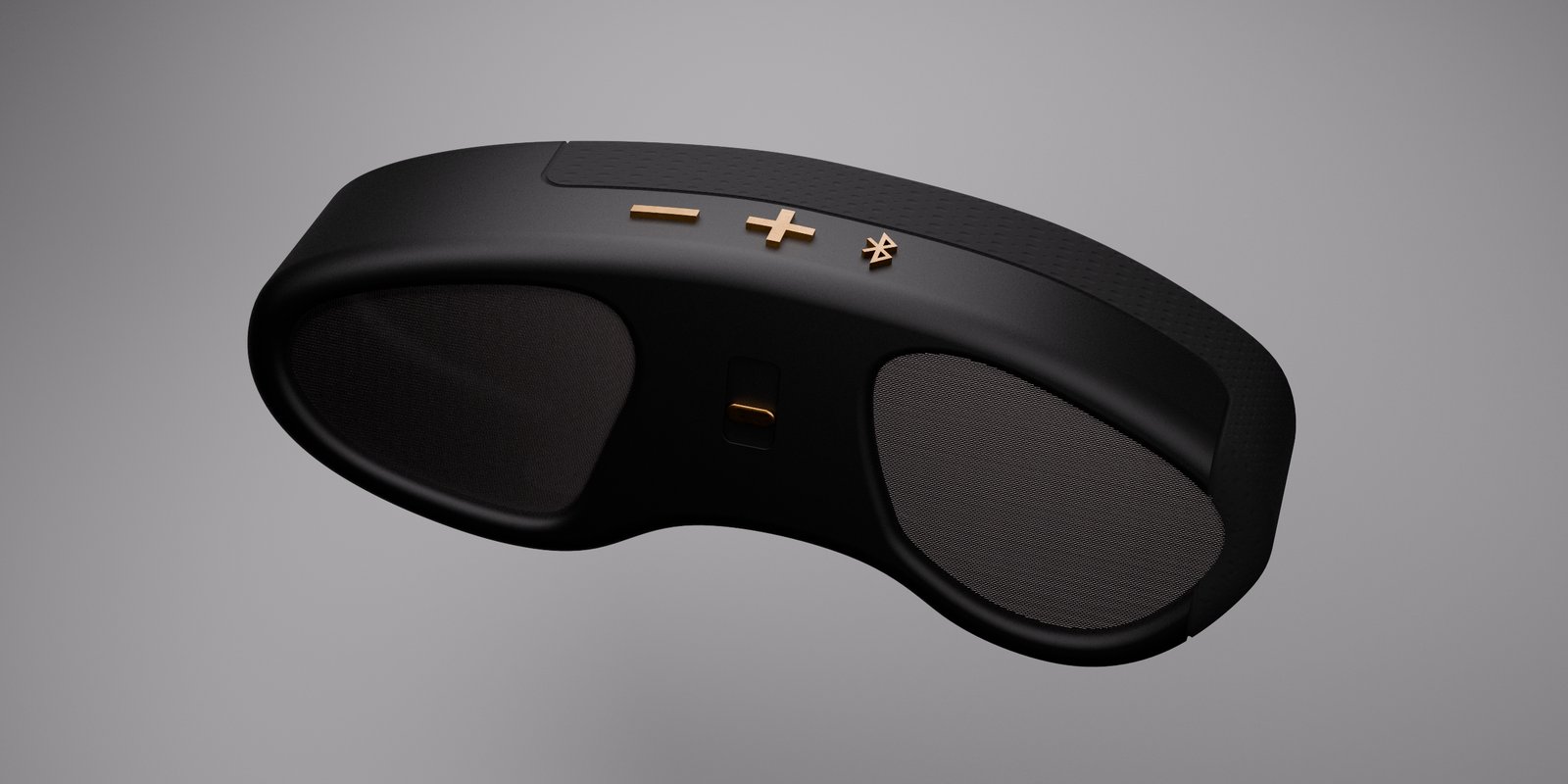 Sound+ speaker final render, black body with brass control accents