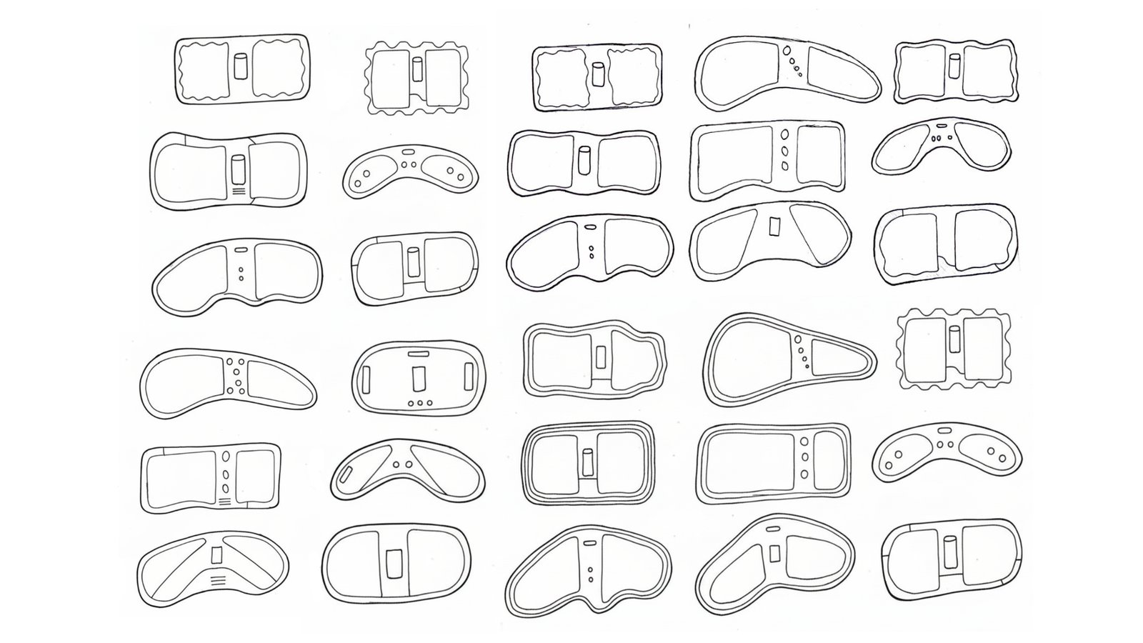 Sheet of 30 orthographic ideation sketches exploring speaker silhouettes and button layouts