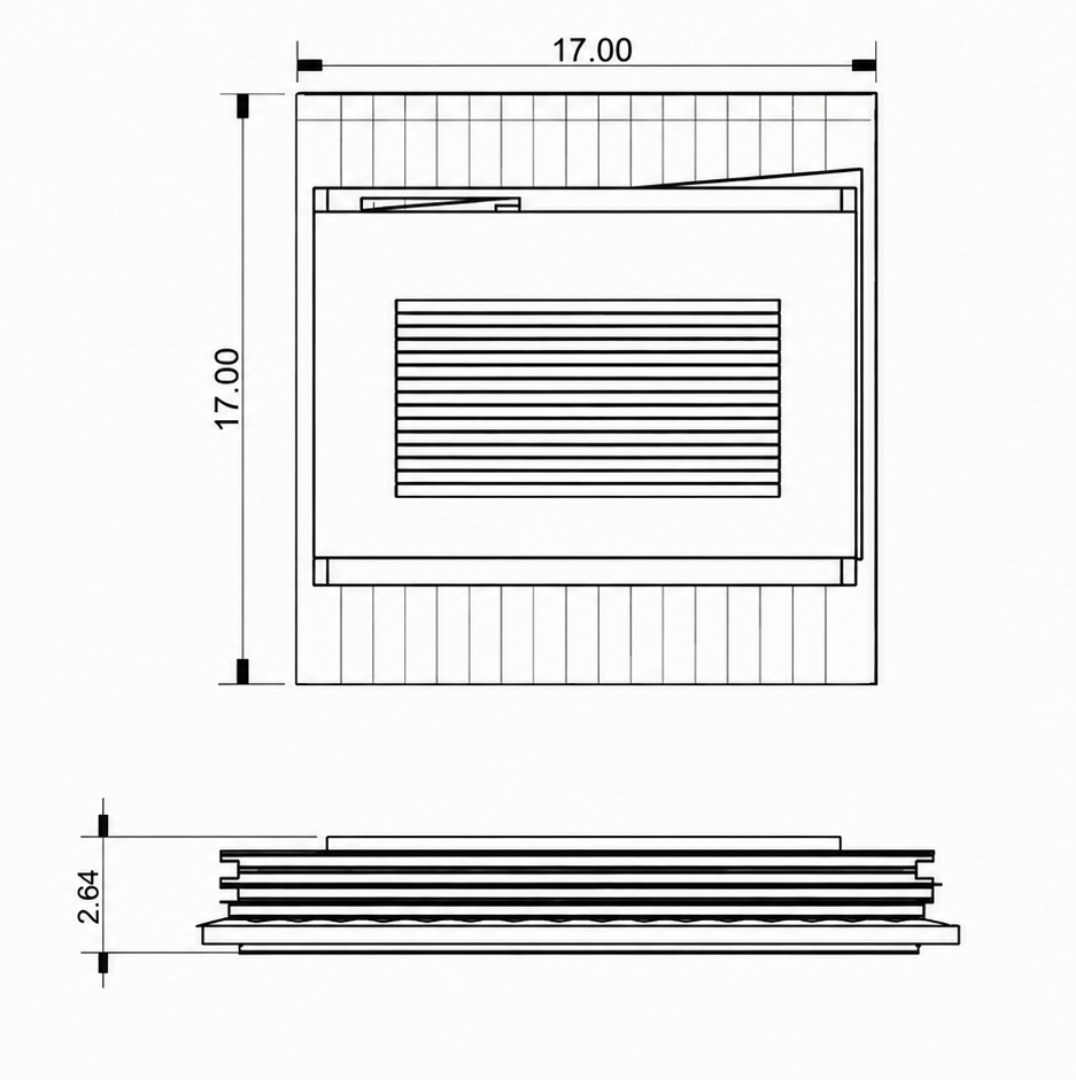 Technical drawing of the packed, flat-stacked shelter components