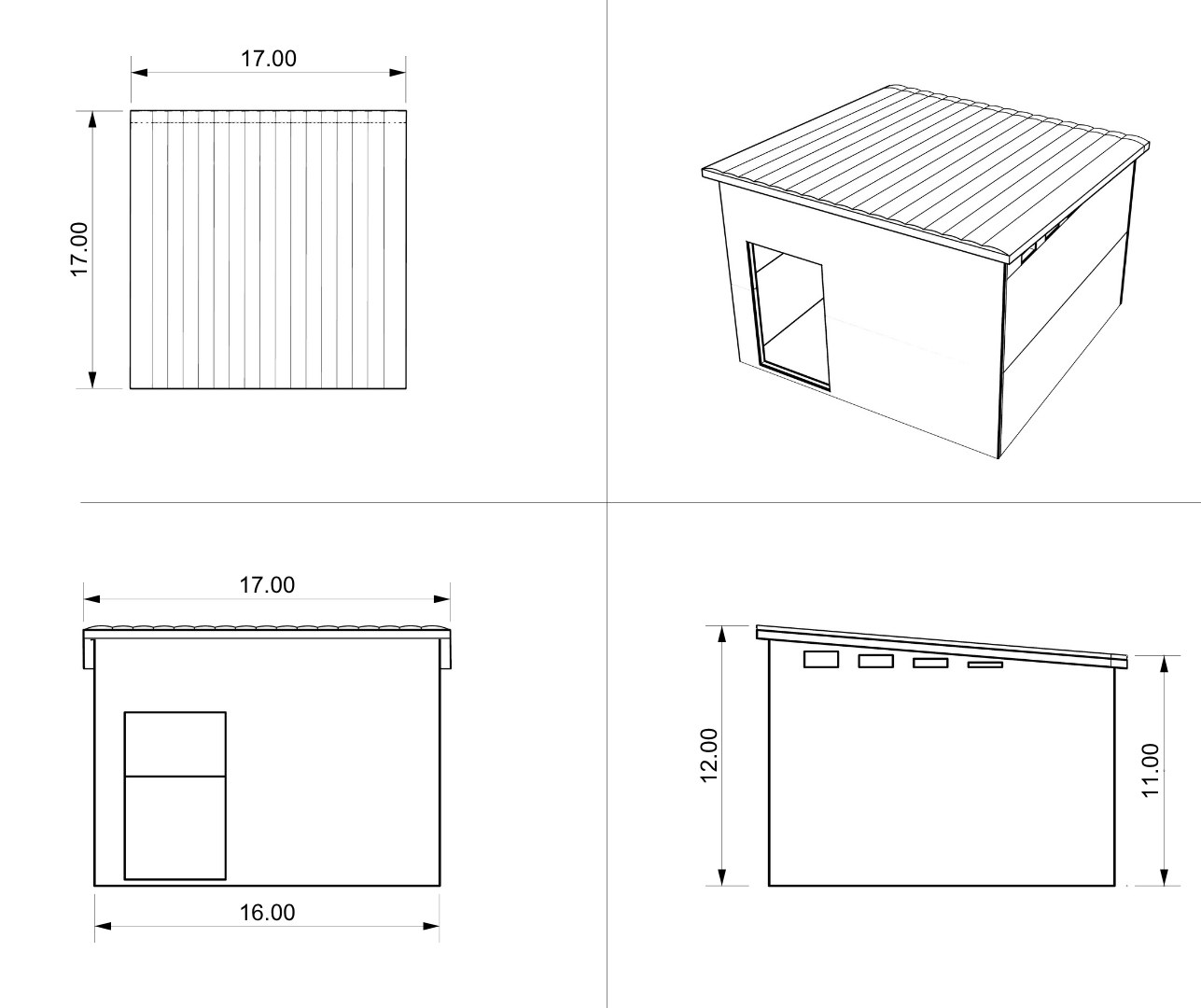 Technical plan, elevation, and isometric drawings with dimensions